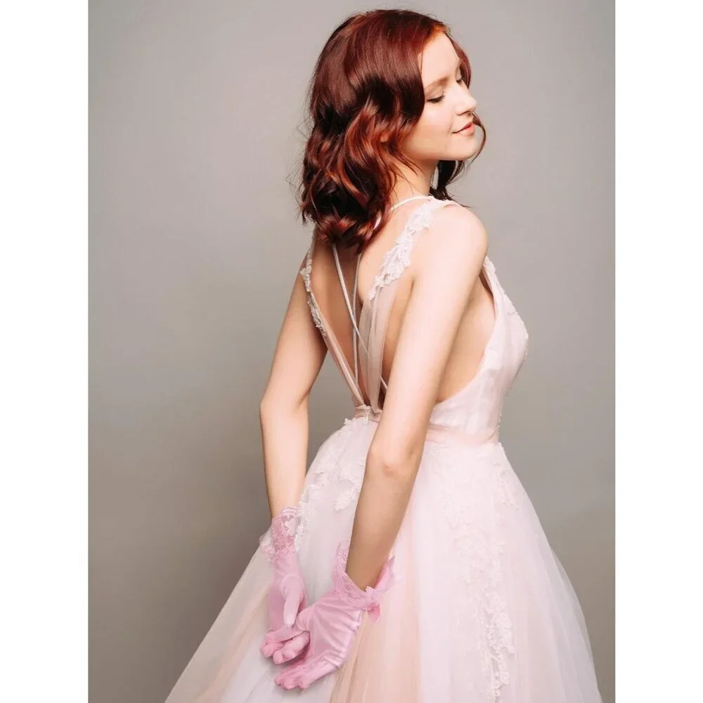 Women's Evening Pink Elegant Short Lace Bow Gloves Party Wedding Accessories